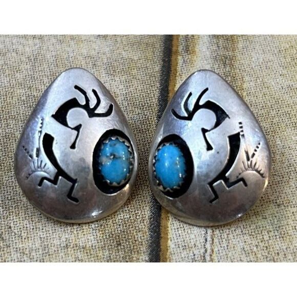 Kokopelli Sterling Silver Earrings Jewelry - Sterling Silver Kokopelli Earrings Turquiose Hopi Native American Southwestern
